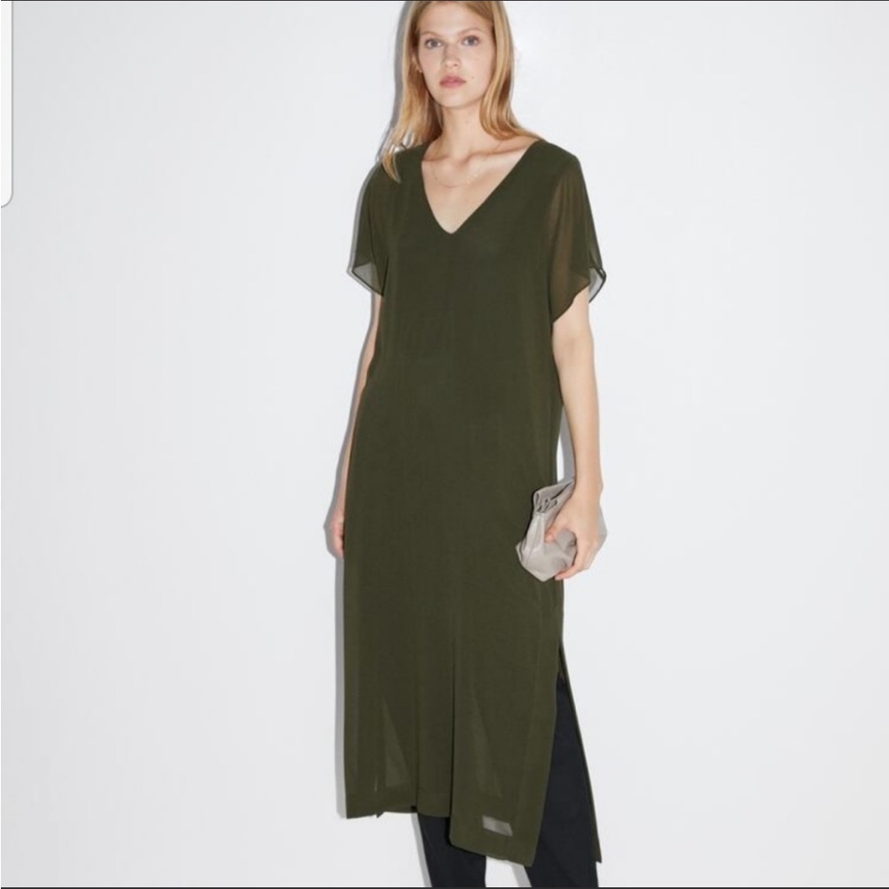Zara Flowing Olive Green Midi Dress, Size S